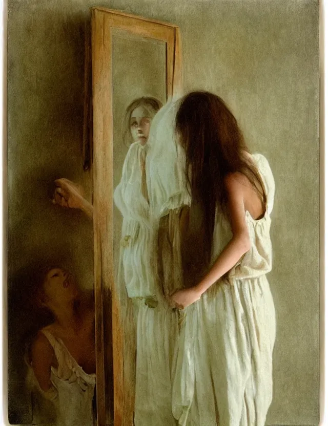 Image similar to peasant girl looking in a mirror in a bathroom, polaroid photo bleached vintage pastel colors high - key lighting, soft lights, foggy, by steve hanks, by lisa yuskavage, by serov valentin, by tarkovsky, detailed, oil on canvas