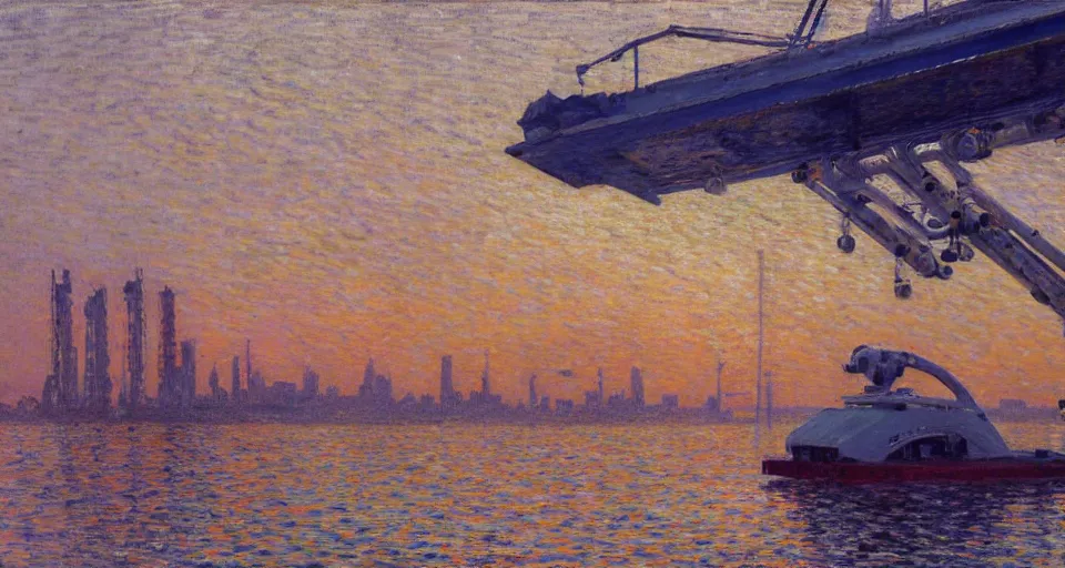 Image similar to detailed close - up of a side view full shot of a energypunk futuristic neon robotic cyberpunk steamboat in the senna river, people waving, impressionism, oil on canvas, natural colors, horizon, golden hour, masterpiece, detailed, by gustave caillebotte, wlop, mucha, greg rutkowski