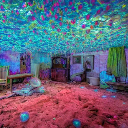 Image similar to abandoned cottage interior filled with iridescent jellyfish swarming lush coral