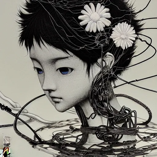 Image similar to prompt: Black and white Fragile looking vessel portrait face drawn by Katsuhiro Otomo, nymph in the water performing alchemy, small flowers and cables and wire around and on the side with artifacts, intricate oil painting, soft light, intricate detail, intricate oil painting detail, sharp high detail, manga and anime 2000