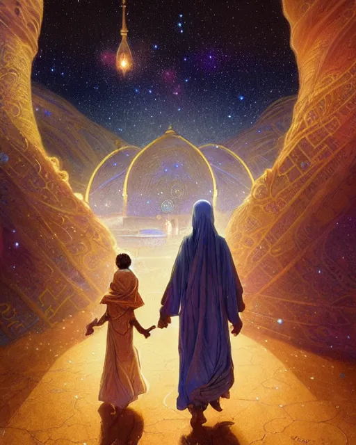 Image similar to bedouin man and woman and child in galaxy walking towards mosque surrounded by nebula, highly detailed, gold filigree, romantic storybook fantasy, soft cinematic lighting, award, disney concept art watercolor illustration by mandy jurgens and alphonse mucha and alena aenami, pastel color palette, featured on artstation