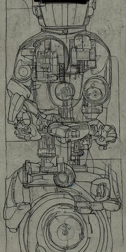 Image similar to robot/human interface by da vinci, detailed color technical drawing