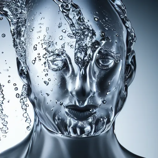 Image similar to water splashes forming a shape of a human head, ray tracing, realistic water sharp focus, long shot, 8 k resolution, cinematic