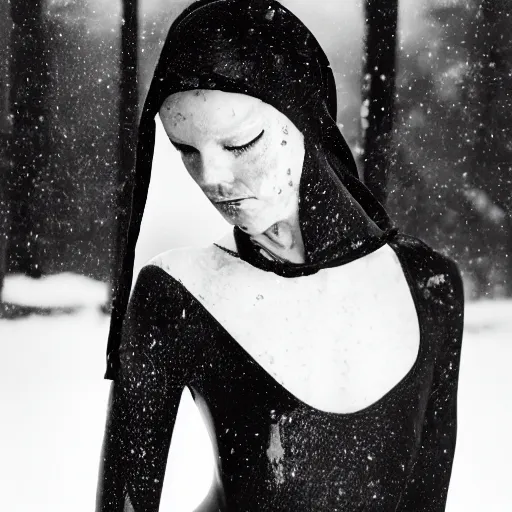 Image similar to beautiful female body silhouette, beautiful acrylic fluid portrait, photography by amy leibowitz and filip fedorov, black latex female balaclava, female calendar, ballerina body covered with black blanket, urban city photography, close up portrait, cinematic still, film still, magic hour, dark mood, fashion portrait, cold colors, long exposure, bokeh