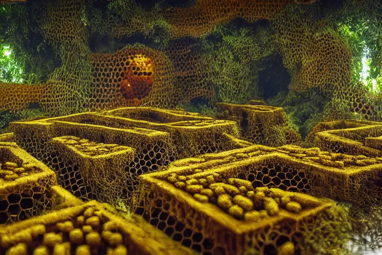 Image similar to elegance, favela labyrinth honeybee hive, slime mold forest environment, industrial factory, cheerful, award winning art, epic dreamlike fantasy landscape, ultra realistic,