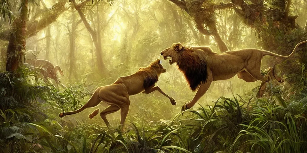 Prompt: lion chasing a deer in the jungle, highly detailed, digital painting, artstation, concept art, smooth, sharp focus, illustration, art by artgerm and greg rutkowski and alphonse mucha