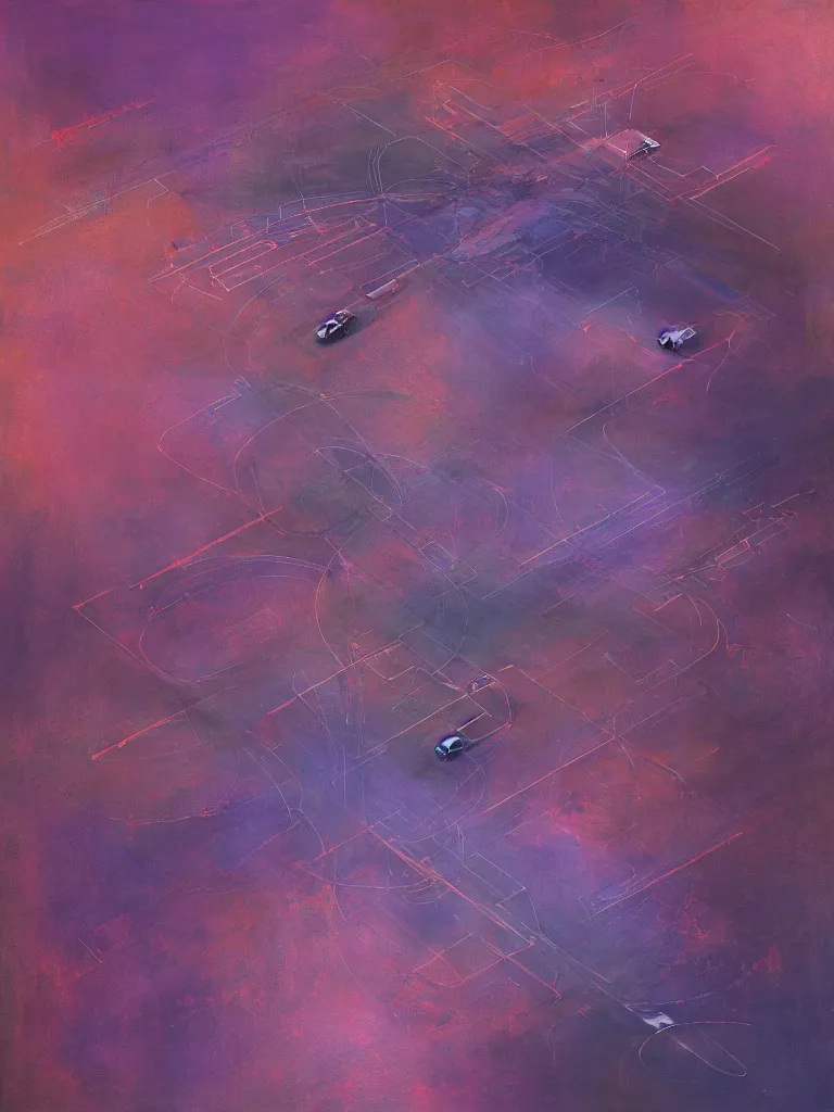 Prompt: a beautiful abstract painting by peter vahlefeld of a drone view of a highway intersection, color bleeding, pixel sorting, copper oxide material, brushstrokes by jeremy mann, zenith lighting, pastel purple background, square shapes