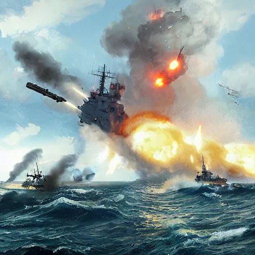 Image similar to an american navy attacking the german navy in ww 2 by greg rutkowski