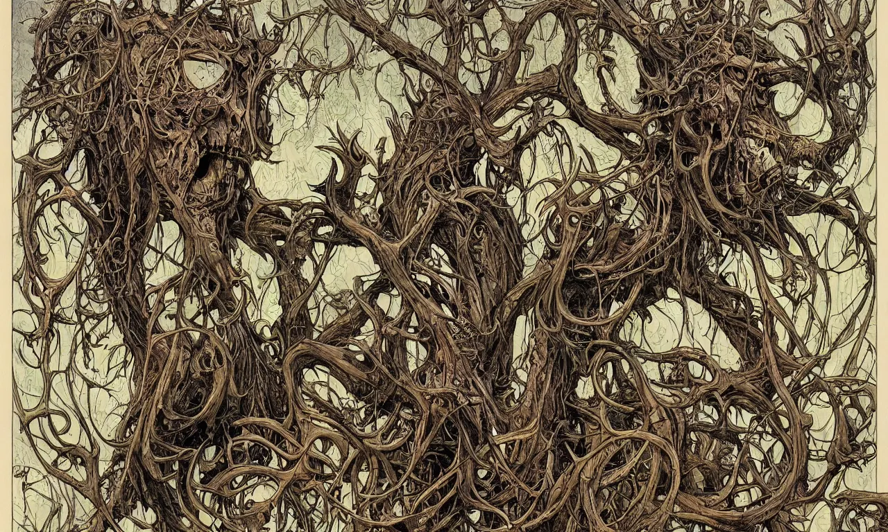 Image similar to hyperdetailed art nouveau portrait of treebeard as a cthulhu eyeball moose skull wendigo cryptid monster, by geof darrow, simon bisley and bill sienkiewicz, grim yet sparkling atmosphere, photorealism, claws, skeleton, antlers, fangs, forest, wild, bizarre, horror, lynn varley, lovern kindzierski, steve oliff