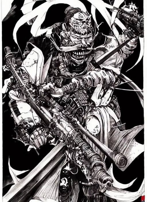 Image similar to a demonic samurai with a rocket launcher, by takehiko inoue and kim jung gi, masterpiece ink illustration