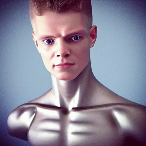 Image similar to “a realistic detailed photo of a guy who is an attractive humanoid who is half robot and half humanoid, who is a male android, Kevin Magnussen, shiny skin, posing like a statue, blank stare”