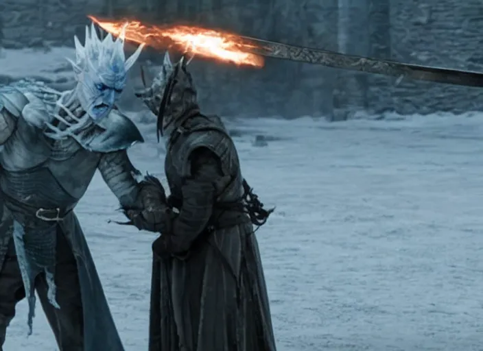 Image similar to a screenshot of walter white fighting the night king with a sword in an episode of game of thrones