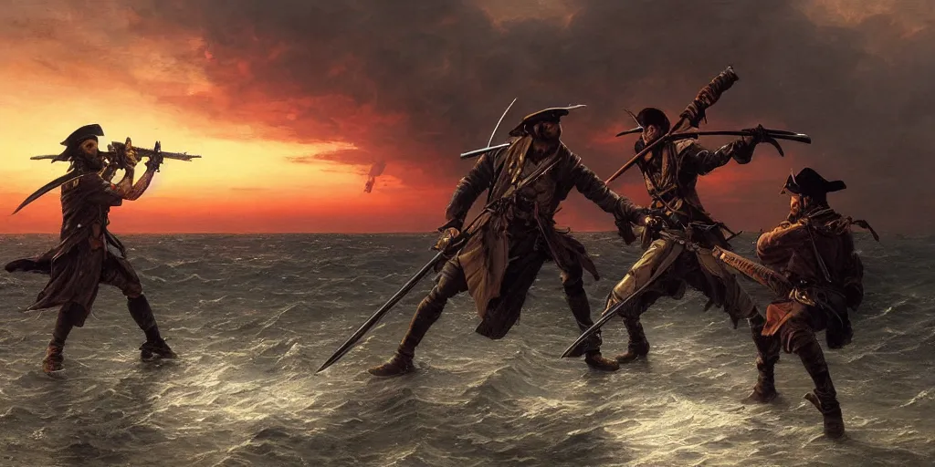 Image similar to two pirates facing each other in death duel, axes, gun, smoldering barrel, gunpowder smoke, dramatic, bloody scene, sunset background, ship on the horizon!, portrait 4 / 3, high detail, greg rutkowski, james gurney, gene wolfe, gustave dore, jesper ejsing, rhads, makoto shinkai, ilya kuvshinov