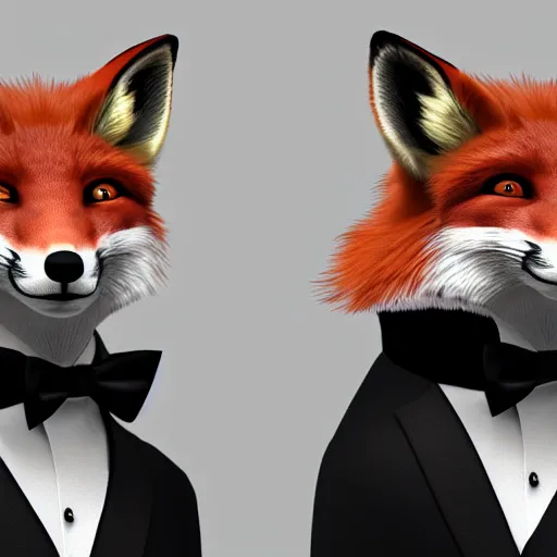 Prompt: photorealistic fox man wearing a tuxedo. hyperdetailed photorealism, 1 0 8 megapixels, cinematic lighting