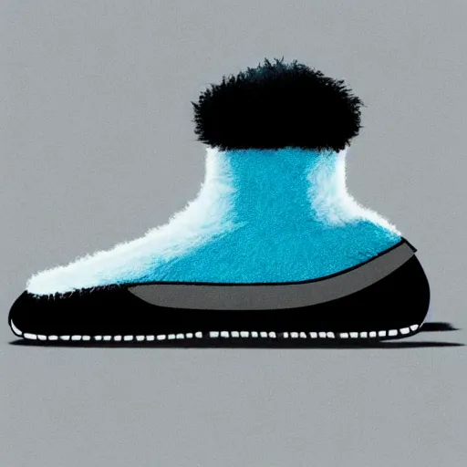 Image similar to poster nike shoe inspired by slippers made of very fluffy cyan and black faux fur placed on reflective surface, professional advertising, overhead lighting, heavy detail, realistic by nate vanhook, mark miner