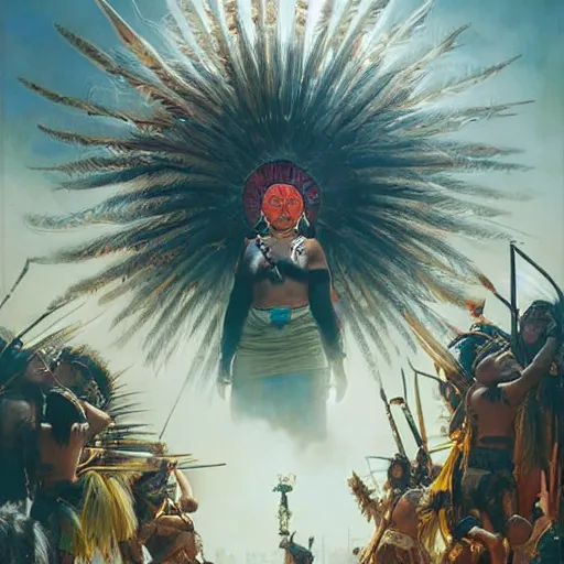 Image similar to A beautiful wide angle cinematic painting of an Indigenous warrior tribe declaring an end to colonizer rule in time square, colonizers demise, intricate detail, ornate, conceptual art, soft light, dynamic, sharp focus, depth of field blur, art by artgerm and greg rutkowski and alphonse mucha