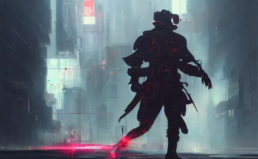 Prompt: A painting of a cyberpunk samurai trending on artstation in the style of Greg Rutkowski