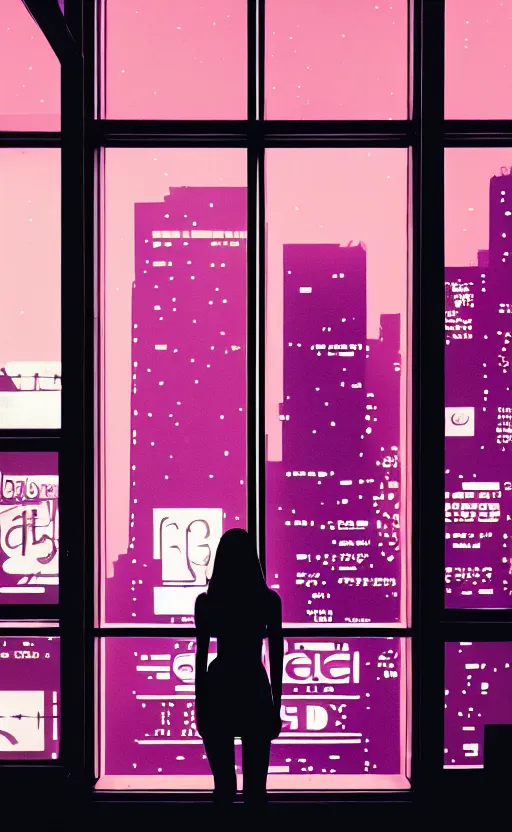 Image similar to vertical movie frame, silhouette of a girl in 7 0's retro club, editorial, fashion, neon - decorated urban on night in the city seen through the window, modern architecture design, vintage, night, blade runner, dark, clean lines, asian futuristic city at distance, big windows, octane, wide angle