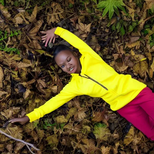 Image similar to young female wearing a yellow velor sweat suit lying dead on the ground in a forest covered by dark colored leaves and twigs