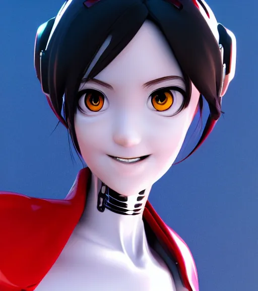 Prompt: manga Pixar anime cyborg girl smiling bust portrait detailed rendering realistic 3d hd key visual official media with frank Miller Alex Ross giger style trending pixiv