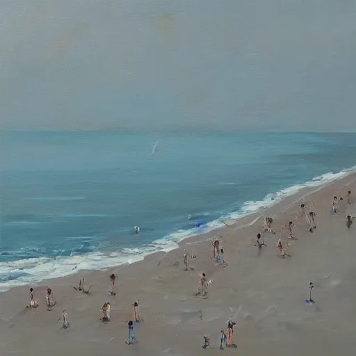 Image similar to a birdseye painting by Sally West of sparse people on a beach from high above, featured on tumblr, action painting, oil on canvas, painterly