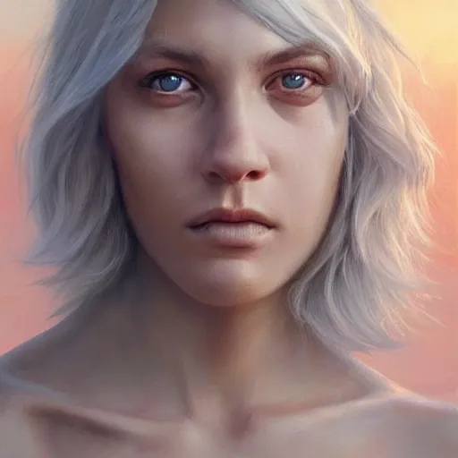 Prompt: a hyper realistic painting of a very beautiful silver haired girl with heterochromatic eyes in the sunset with muscles, digital painting, very beautiful face, pretty face, very detailed eyes, highly detailed, cute, by greg rutkowski, wlop