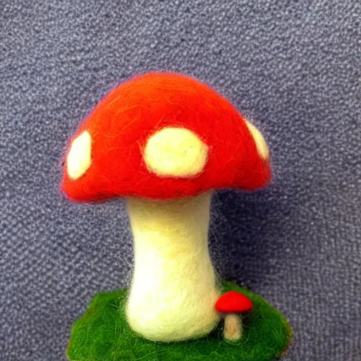 Image similar to a needle felted super mushroom power up, needle felting art.