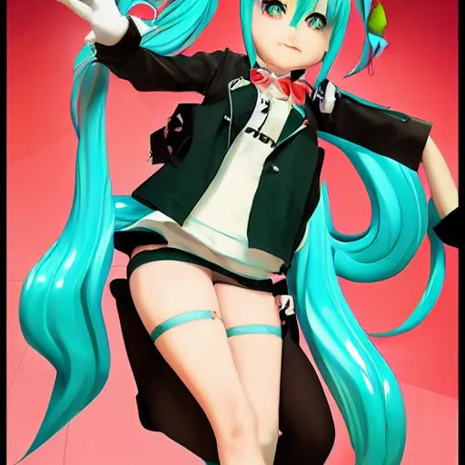 Image similar to Hatsune Miku full body pin up modeling a vocaloid idol unioform,with a park in the back ground,post war style,detailed face, art by Gil Elvgren