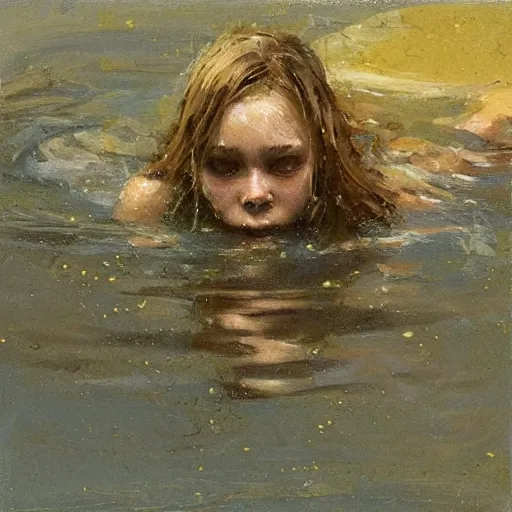 Image similar to Young Sissy Spacek swimming by Jeremy Mann, stylized, detailed, realistic, one inch thick, heavy impasto,loose brush strokes, simple, wholesome, earthy tones, touch of gold leaf