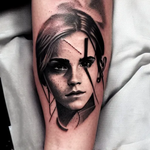 Prompt: man with tattoo of emma watson on arm back by greg rutkowski