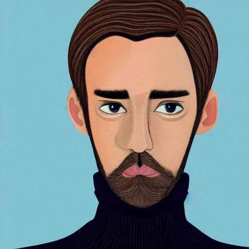 Prompt: gangly 30 year old dark blond man with dark blond hair long on top medium down the sides, blond beard, small chin, rectangular face, thin lips, English heritage, small blue eyes, middle aged, wearing a turtleneck and jacket, pale skin, narrow face, digital art, painterly, cartoon, cute, 8k, illustration, art by loish, painterly, trending on artstation, medium shot, uncropped