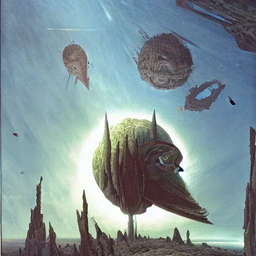 Prompt: intricate, spaceship in orbit of a alien planet, style by caspar david friedrich and wayne barlowe and ted nasmith.