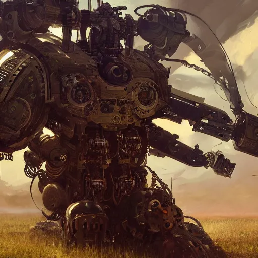 Image similar to a walking mechanical goliath with alot of guns moving through an open field, au naturel, hyper detailed, digital art, trending in artstation, cinematic lighting, studio quality, smooth render, unreal engine 5 rendered, octane rendered, art style by klimt and nixeu and ian sprigger and wlop and krenz cushart