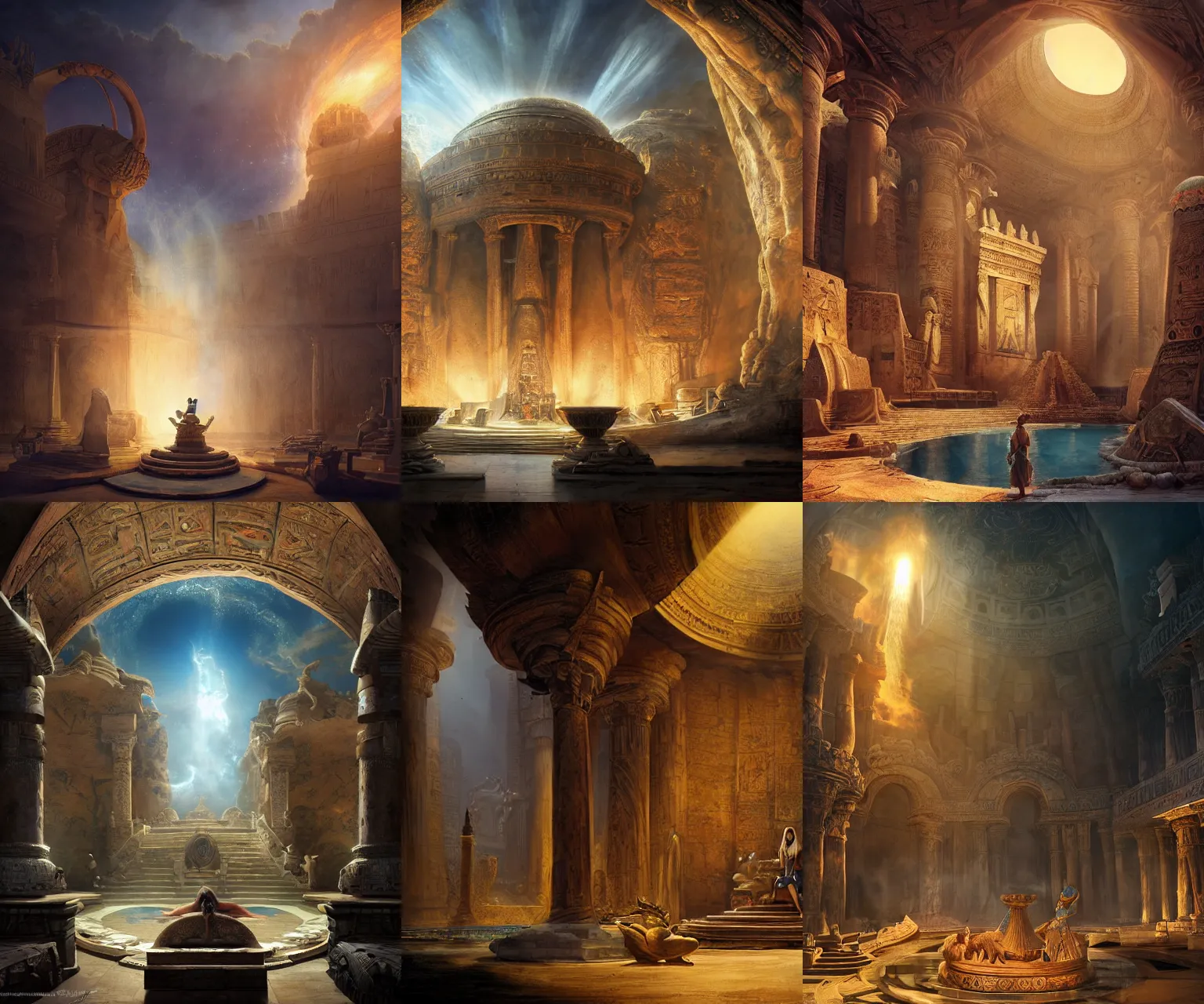 Prompt: fantasy movie scene andreas rocha and frank frazetta and canaletto detailed digital art of ornate and royal egyptian antechamber tomb, cleopatra in a circular pool with an erupting galaxy, epic atmosphere, sharp sunray lighting, cinematic lighting, fine details, 4 k, unreal engine, hyperrealism, cinematic composition, blender render, realistic, very wide shot