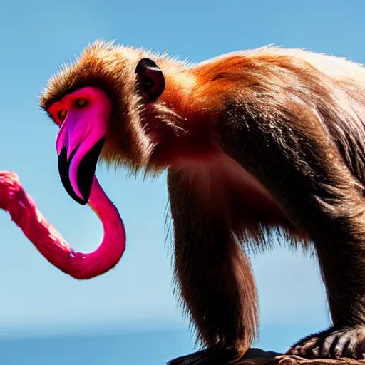 Image similar to monkey-flamingo hybrid in battle armor fighting a grizzly bear