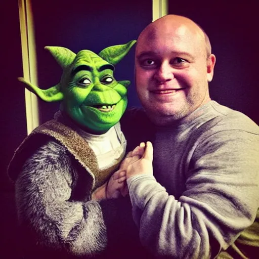 Prompt: “Shrek and Yoda as parents holding their baby for a photo”