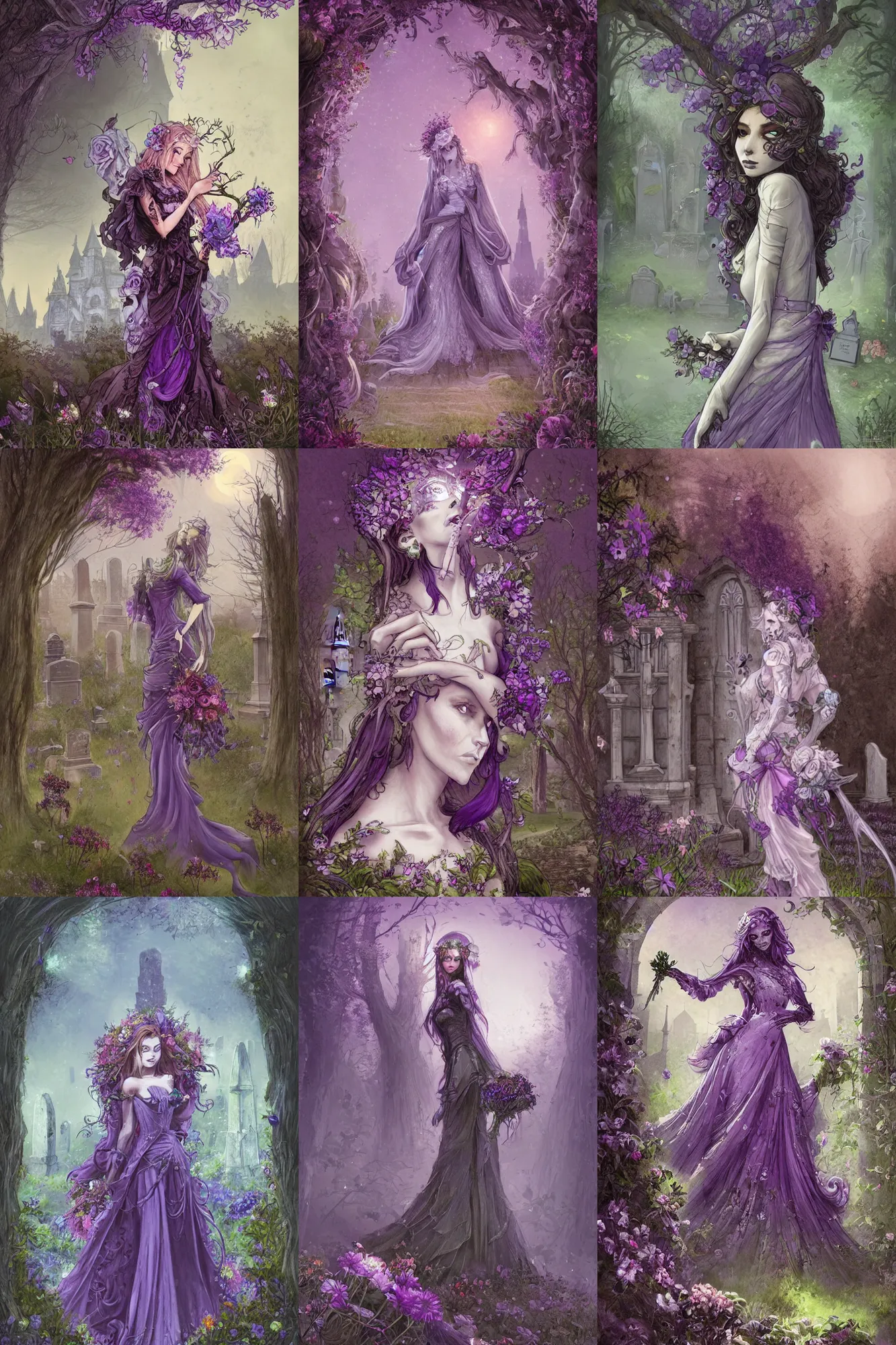 Prompt: beautiful woman, Queen of the ghosts, old cemetery, castle in the background, trees, creepers, beautiful flowers, night, purple color, colorfully, full body shot, detailed illustration, digital art, overdetailed art, concept art, Jean-Baptiste Monge, trending on artstation