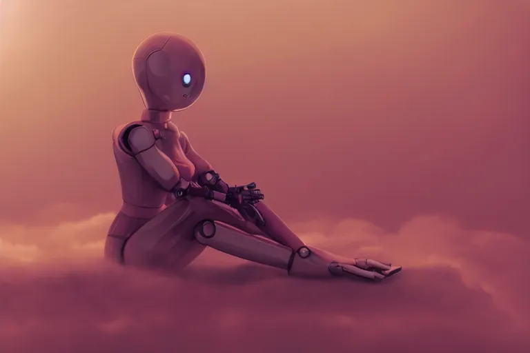 Image similar to a cute robot girl sitting on a cloud relaxing, misty, digital art, hazy, foggy, red lighting, ambient lighting, 8 k,