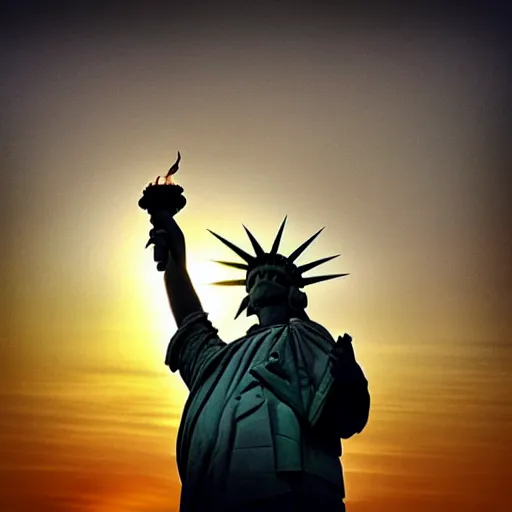 Image similar to statue of liberty eating a cheeseburger, golden hour, award winning photo, low angle