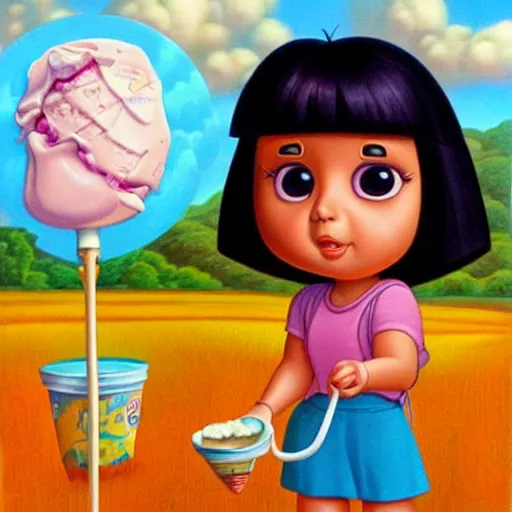 Prompt: dora the explorer as real girl holding ice cream, in lowbrow style, Pop Surrealism digital art by Mark Ryden and Todd Schorr, artstation