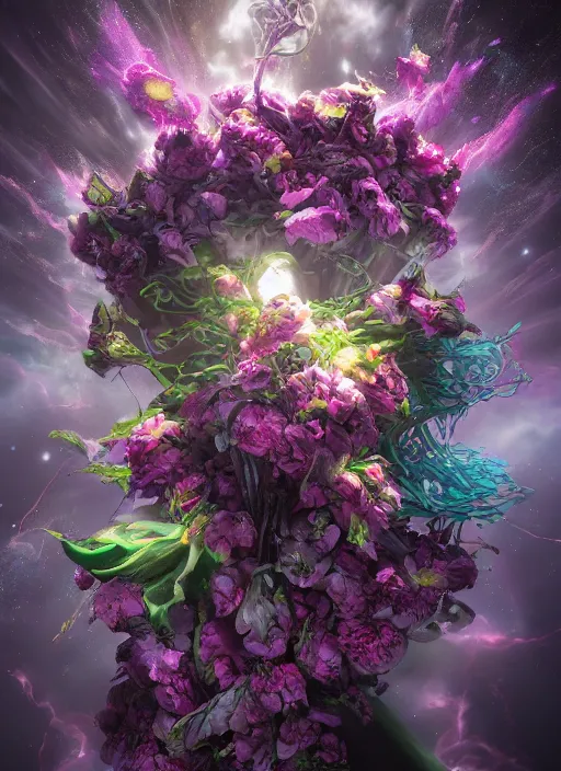 Image similar to An epic fantastic realism comic book style painting of the most beautiful entwined flowers launched gracefully across the dark spinning universe, tornado of bouquets, fisheye, unreal 5, DAZ, hyperrealistic, octane render, dynamic lighting