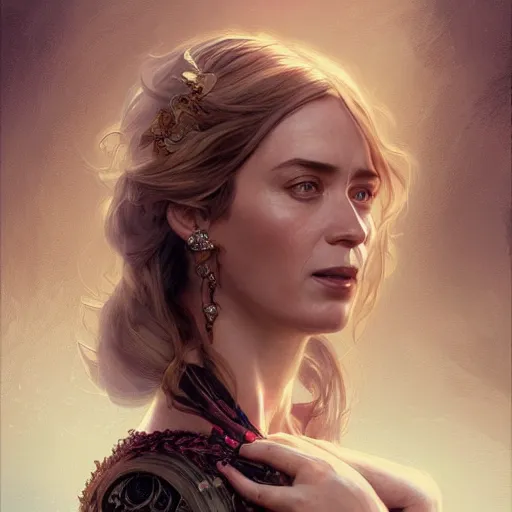 Image similar to portrait of emily blunt, fantasy, intricate, elegant, highly detailed, digital painting, artstation, concept art, smooth, sharp focus, illustration, art by artgerm and greg rutkowski and alphonse mucha