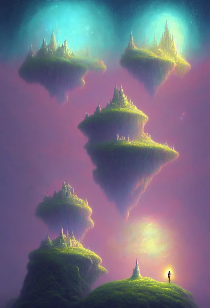 Image similar to an ultra detailed midjourney concept digital art painting of a singular floating island with a castle, flying citadel levitating across space in a misty pearlescent nebula by paul lehr kazumasa uchio situated in a starry expanse of bioluminescent cosmic worlds by beksinski and beeple, ecological art, flying citadel with towers, trending on artstation