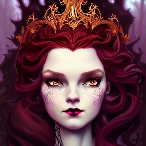 Image similar to a dark gothic version of Princess Merida, face, fantasy, intricate, elegant, highly detailed, digital painting, artstation, concept art, smooth, sharp focus, illustration, art by Cynthia Shephard and Fernanda Suarez and Artem Demura and alphonse mucha