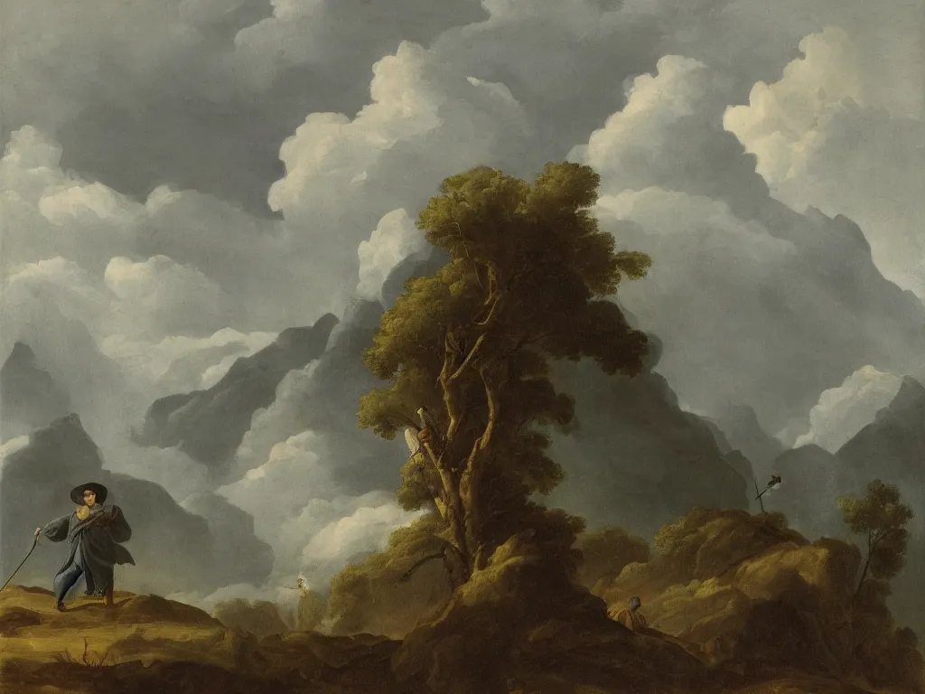 Image similar to a man in a grey cloak and brimmed hat with a staff travelling trough the forest and mountains looking at the clouds in the style of neo-romanticism