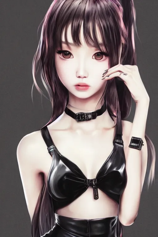 Image similar to realistic detailed semirealism beautiful gorgeous cute Blackpink Lalisa Manoban wearing white wet silky dress, black hair black cat ears, black leather choker, proportional body, WLOP, Aztodio, Taejune Kim, sakimichan, ArtGerm, Pixiv, Instagram, Artstation