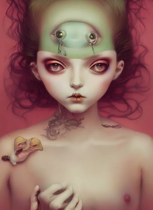 Image similar to pop surrealism, lowbrow art, realistic cute seductive female figure painting, japanese street fashion, hyper realism, muted colours, natalie shau tom bagshaw, mark ryden, trevor brown style,