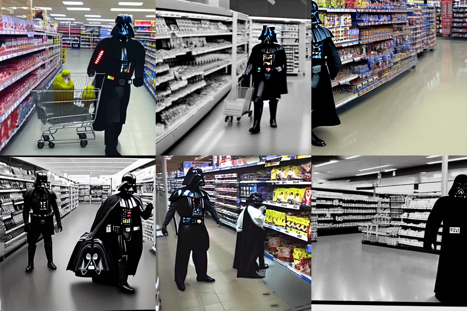 Prompt: surveillance footage of Darth Vader shopping at Walmart