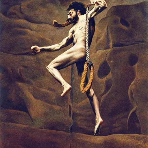 Image similar to Adam Ondra, portrait, long mustache, mustache is climbing rope, by Dali, style of salvador dali self-portrait