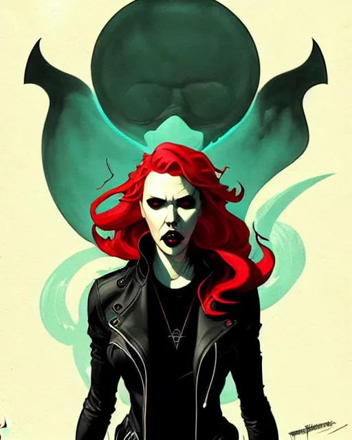 Image similar to rafael albuquerque comic art, art nouveau, peter mohrbacher, artgerm, pretty scarlett johansson vampire sharp vampire teeth open mouth, symmetrical eyes, black leather jacket, jeans, long blonde hair, full body